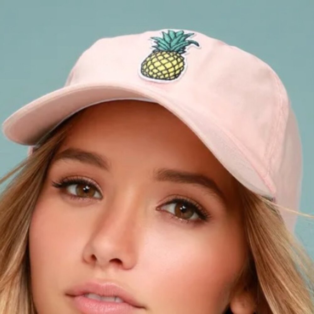 Lulus Blush Pink Embroidered Pineapple 100% Cotton Baseball Cap Adjustable Strap